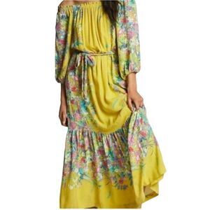 Anthropologie Dress Eliora Off-The-Shoulder Maxi Cottage Core Floral Yellow XS‎